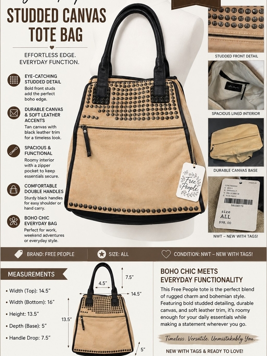 Free People Handbags - Free People Studded Expandable Tote Bag — NWT